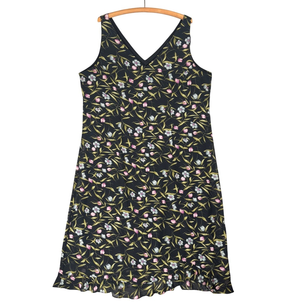 Mary McFadden Women Floral V-Neck Ruffle Hem Maxi Dress Black 90s Y2K XXL
